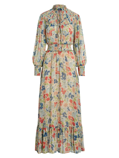 Polo Ralph Lauren Smocked Floral-print Flounce Maxi Dress In Neutrals