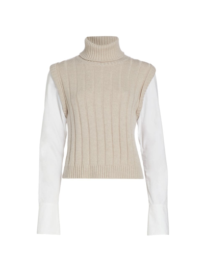 Derek Lam 10 Crosby Paola Mixed-media Turtleneck Jumper In Taupe/white
