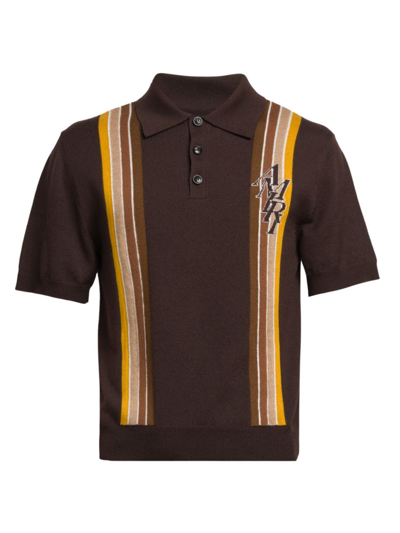 Amiri Striped Wool And Cotton-blend Polo Shirt In Brown