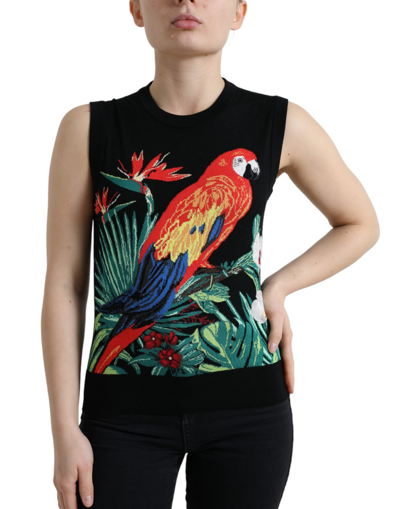 DOLCE & GABBANA DOLCE & GABBANA ELEGANT CREW NECK WOOL SILK TANK WITH BIRD WOMEN'S EMBROIDERY