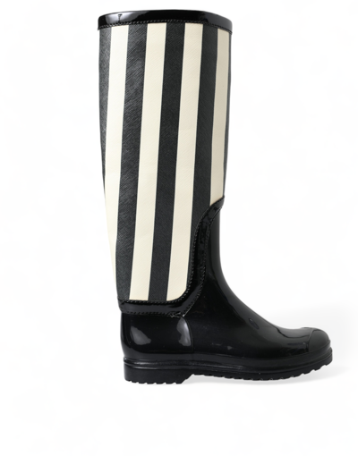 Dolce & Gabbana Black Rubber Knee High Flat Boots Shoes In Black And White