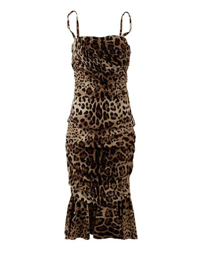 Dolce & Gabbana Brown Leopard Print Ruched Midi Dress