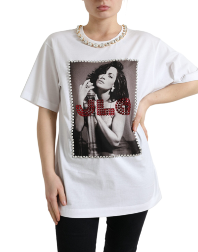 Dolce & Gabbana White Crystal Neckline Print Tee T-shirt