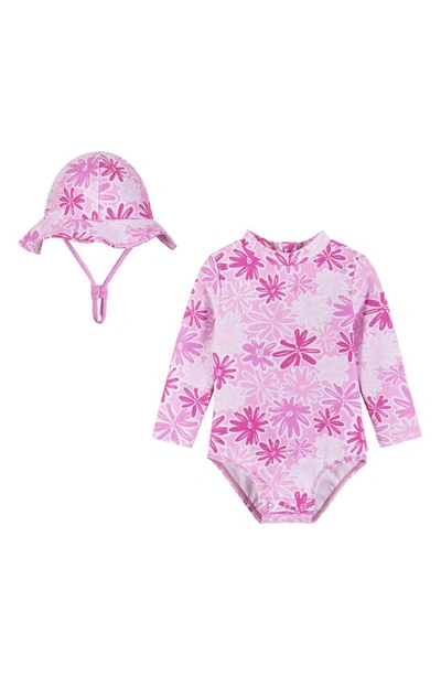 Andy & Evan Babies' One-piece Rashguard Swimsuit & Hat Set In Pink Floral
