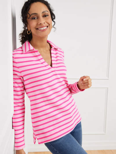 Talbots Plus Size - Johnny Collar Pullover Sweater - Stripe - Rose/vivid Pink - X  In Rose,vivid Pink