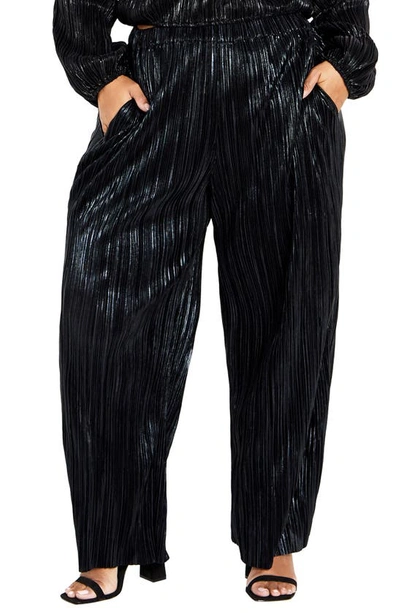 City Chic Lexie Metallic Plissé Wide Leg Trousers In Black