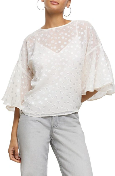 River Island Metallic Flutter Sleeve Top In Cream