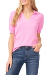Cece Women's Short Sleeve Collared Polo V-neck Sweater In Bright Peony
