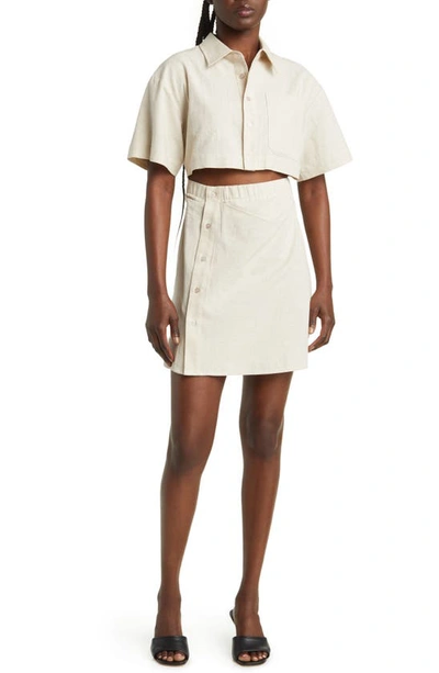 Moon River Cutout Cotton & Linen Mini Shirtdress In Oatmeal