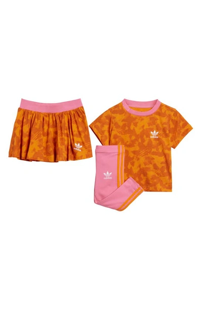 Adidas Originals Babies' Lifestyle T-shirt, Skirt & Leggings Set In Bright Orange/ Pink Fusion