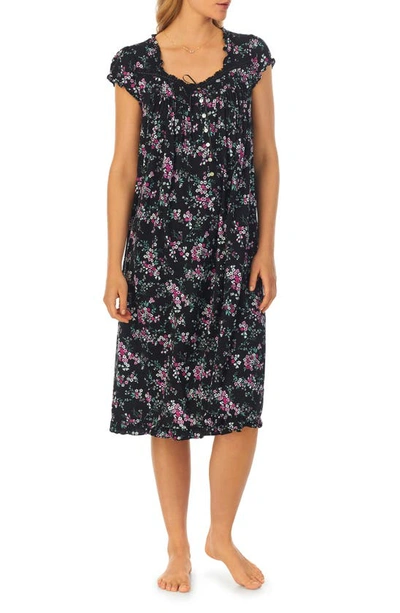 Eileen West Floral Cap Sleeve Waltz Jersey Nightgown In Black Grade Floral