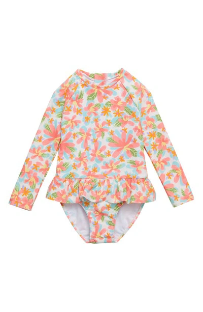Snapper Rock Kids' Tropical Print Long Sleeve One-piece Rashguard Swimsuit In Ivory Coral Multi