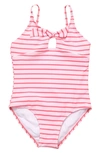 Snapper Rock Toddler, Child Girls Coral Stripe Sustainable Bow Swimsuit In Coral