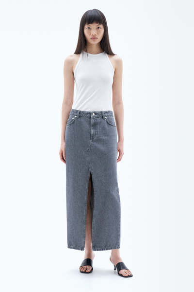 Filippa K Long Slit Denim Skirt In Grey