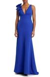 Mac Duggal Bow Shoulder V-neck Gown In Royal Blue