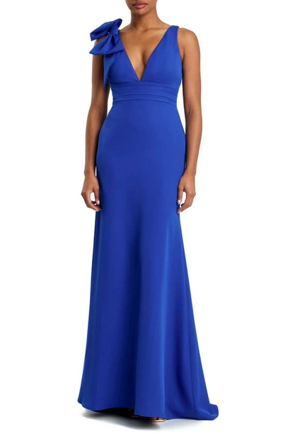 Mac Duggal Bow Shoulder V-neck Gown In Royal Blue