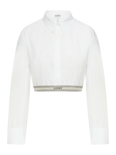 Loewe Womens Optic White Cropped Branded-hem Cotton Shirt