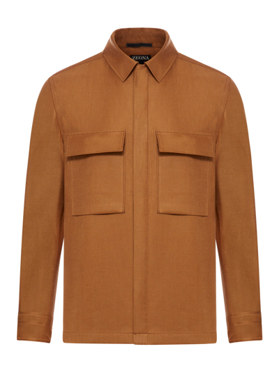 Zegna Cotton Overshirt In Brown