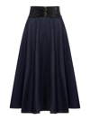 Alaïa Embossed Leather Belted Denim Flared Midi Skirt In Blue