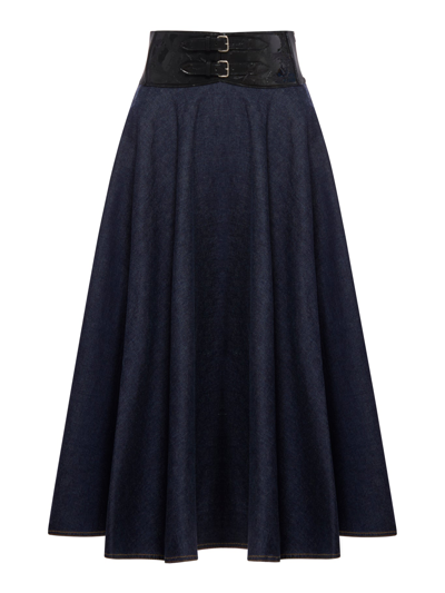 Alaïa Embossed Leather Belted Denim Flared Midi Skirt In Blue