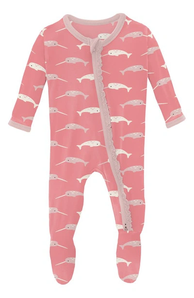 Kickee Pants Babies' Narwhal Print Ruffle Fitted One-piece Pajamas In Strawberry Narwhal