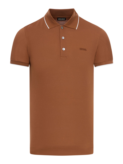 Zegna Short Sleeved Polo Shirt In Brown