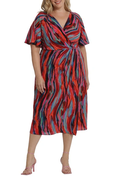 Maggy London Printed Faux Wrap Dress In Naby/ Blue/ Burgundy