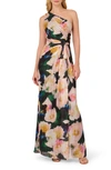 ADRIANNA PAPELL PLEATED FLORAL ONE-SHOULDER CHIFFON GOWN