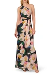 Adrianna Papell Pleated Floral One-shoulder Chiffon Gown In Black/blush Multi