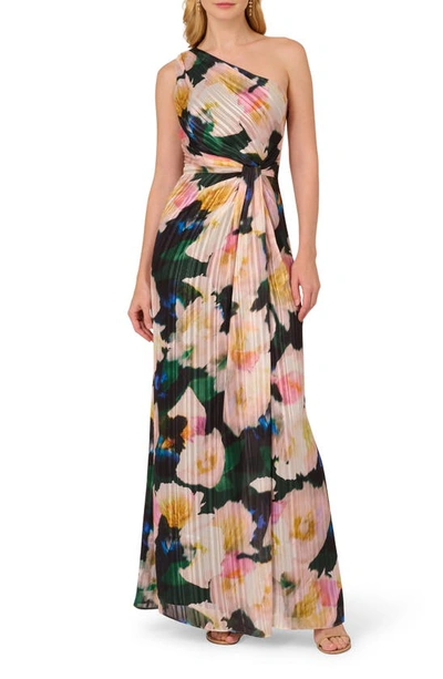 Adrianna Papell Pleated Floral One-shoulder Chiffon Gown In Black/blush Multi