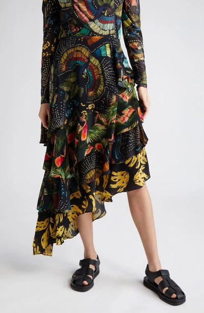 Farm Rio Mix Print Tiered Midi Skirt In Black Multi
