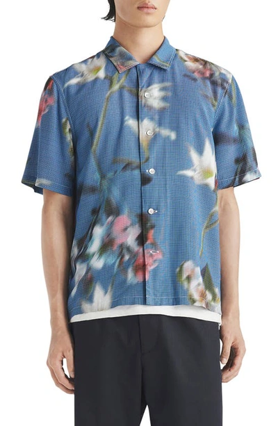 Rag & Bone Avery Blurred Floral Print Short Sleeve Button-up Shirt In Denim