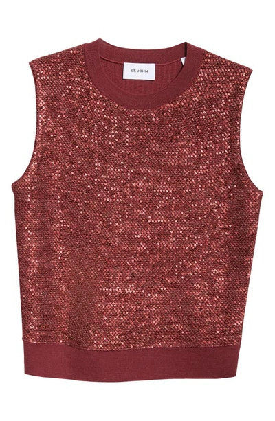 St John Sequin Knit Crewneck Waistcoat In Cranberry