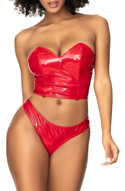 Mapalé Mapale Vinyl Bustier, Thong & Sheer Skirt Set In Wet Red