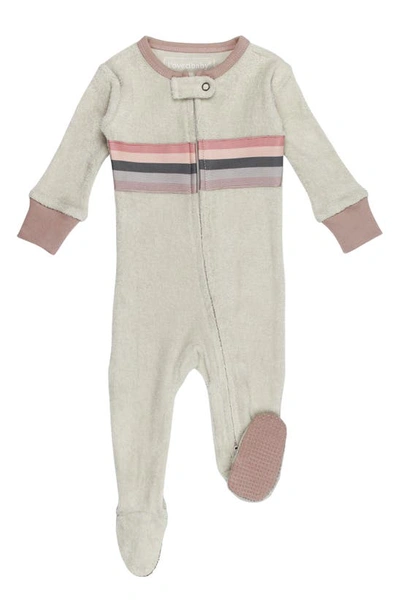 L'ovedbaby Stripe Appliqué Long Sleeve Organic Cotton Terry Zip Footie In Pinks