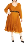 City Chic Precious Pleat Belted Long Sleeve Midi Dress In Caramel
