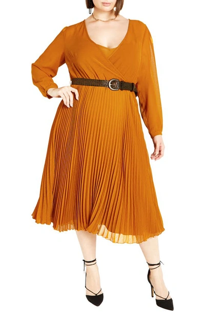 City Chic Precious Pleat Belted Long Sleeve Midi Dress In Caramel