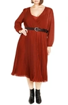 City Chic Precious Pleat Belted Long Sleeve Midi Dress In Sienna