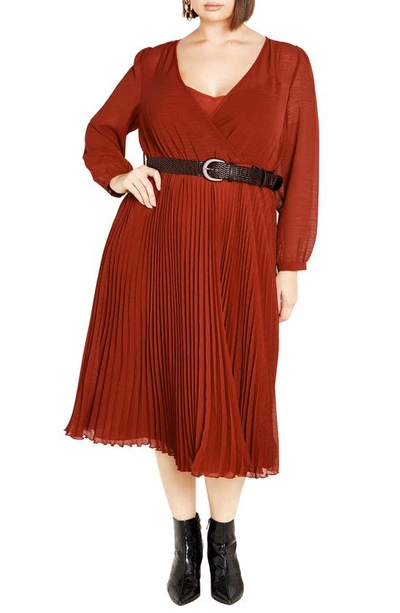 City Chic Precious Pleat Belted Long Sleeve Midi Dress In Sienna