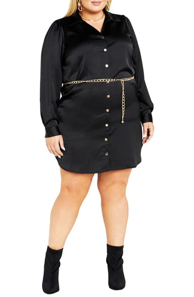 City Chic Faye Belted Long Sleeve Satin Shirtdress In Black