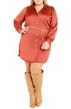 City Chic Faye Belted Long Sleeve Satin Shirtdress In Toffee