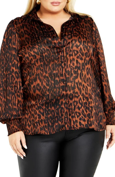 City Chic Madelyn Metallic Button-up Shirt In Leopard