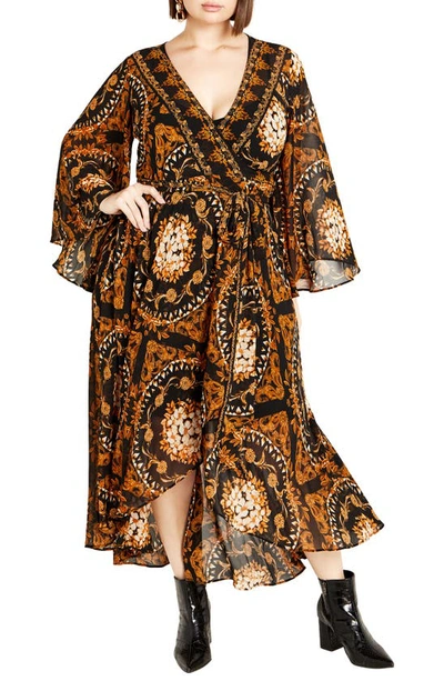 City Chic Freya Placement Belted Long Sleeve Maxi Wrap Dress In Ancient Art