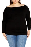 City Chic Intrigue Imitation Pearl Button Sweater In Black