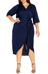 City Chic Opulent Wrap Front Midi Dress In Navy