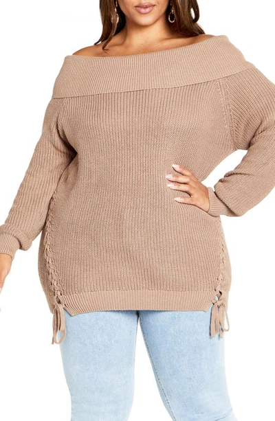 City Chic Intertwine Rib Cotton Sweater In Ginger Snap