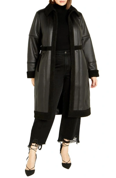 City Chic Hayden Faux Leather & Faux Shearling Coat In Black