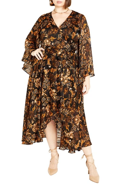 City Chic Freya Print Belted Bell Sleeve Dress In Jacobean