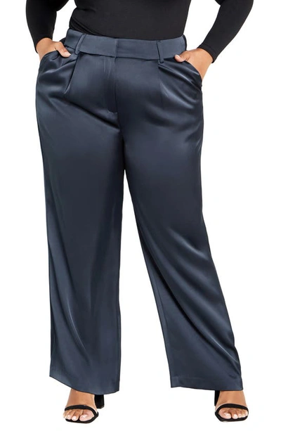 City Chic Rylie Wide Leg Satin Pants In Steel Blue