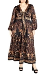 City Chic Ivanna Scarf Print Long Sleeve Maxi Dress In Black/ Gold Opulent